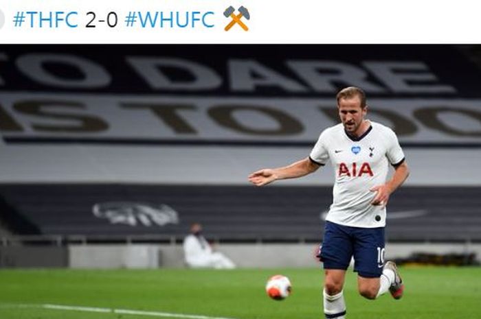 Striker Tottenham Hotspur, Harry Kane, merayakan gol yang dicetak ke gawang West Ham United dalam laga Liga Inggris di Tottenham Hotspur Stadium, Selasa (23/6/2020).