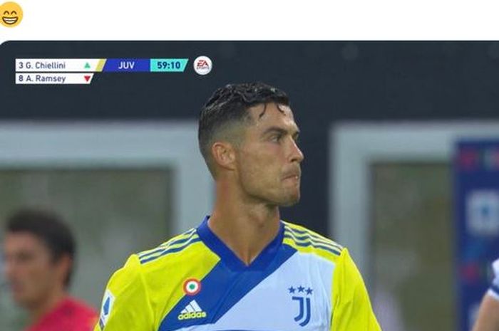 Ekspresi megabintang Juventus, Cristiano Ronaldo, dalam laga Liga Italia kontra Udinese di Stadion Dacia Arena, Minggu (22/8/2021).