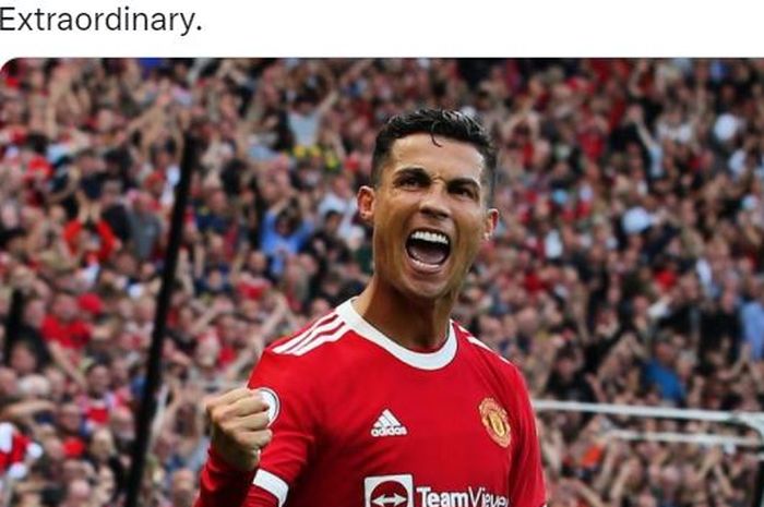 Megabintang Manchester United, Cristiano Ronaldo, merayakan gol ke gawang Newcastle United dalam laga Liga Inggris di Stadion Old Trafford, Sabtu (11/9/2021).