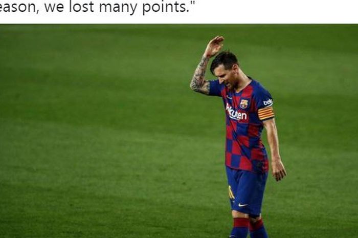 Kapten Barcelona, Lionel Messi, menunjukkan ekspresi kekecewaan dalam laga Liga Spanyol kontra Osasuna di Stadion Camp Nou, Kamis (16/7/2020).