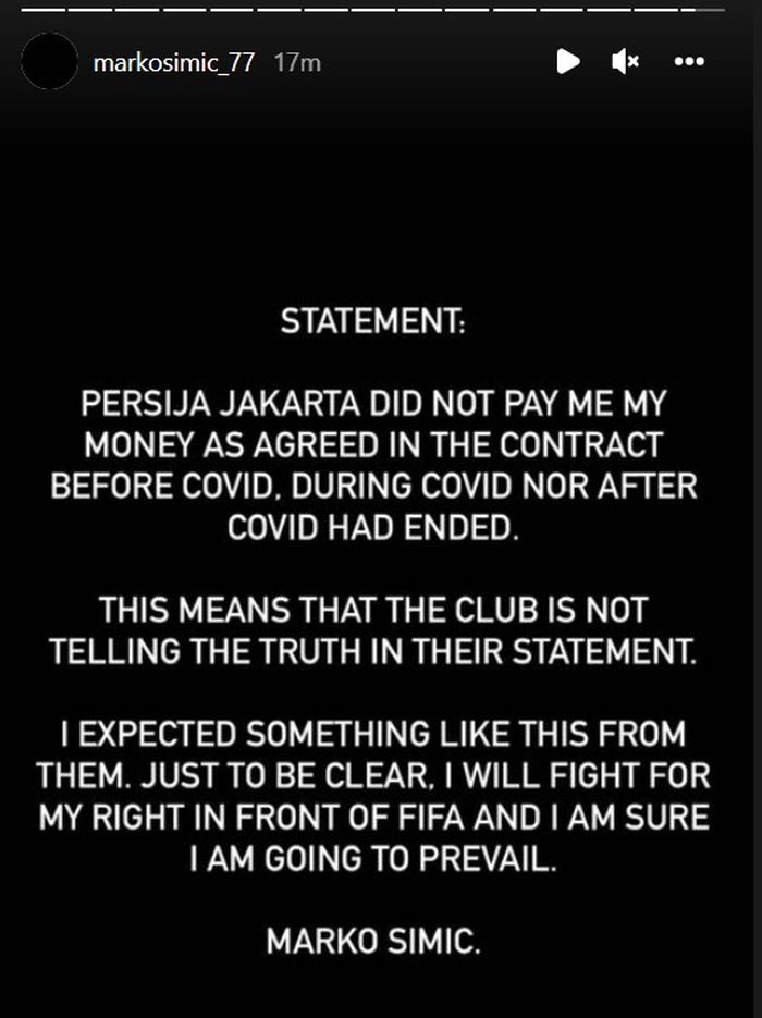 Marko Simic membalas rilis dari Persija Jakarta terkait masalan gaji.