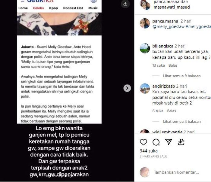 Postingan akun yang menuduh Melly Goeslaw selingkuh