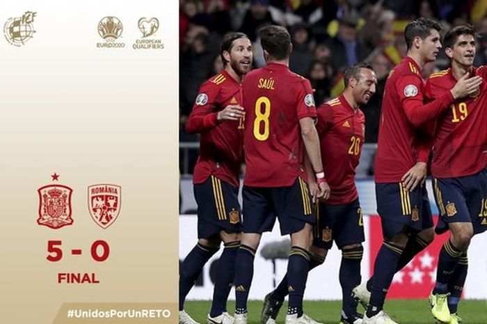 Para pemain timnas Spanyol merayakan gol rekannya pada pertandingan kualifikasi Euro 2020 antara Spanyol vs Aremania, 18 November 2019. 