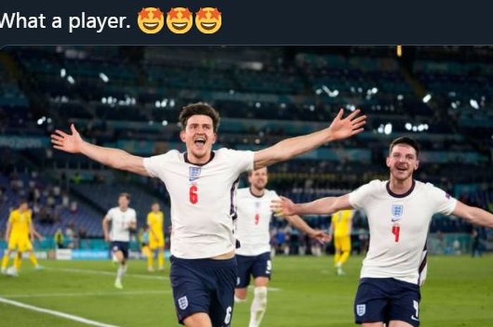 Harry Maguire merayakan golnya untuk timnas Inggris ke gawang Ukraina di Euro 2020.