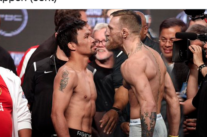 Rekayasa foto legenda tinju, Manny Pacquiao (kiri) dan jagoan UFC, Conor McGregor (kanan) saling tantang dalam sesi staredown.