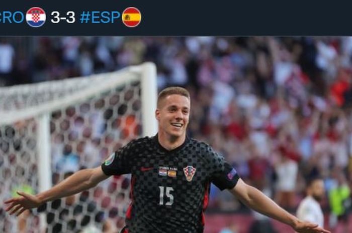 Mario Pasalic saat merayakan gol timnas Kroasia yang sempat menyeimbang skor jadi 3-3 lawan Spanyol di babak 16 besar Euro 2020, 28 Juni 2021.