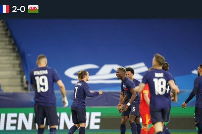 Antoine Griezmann dkk merayakan gol untuk timnas Prancis saat menghadapi Wales dalam laga uji coba, 2 Juni 2021.