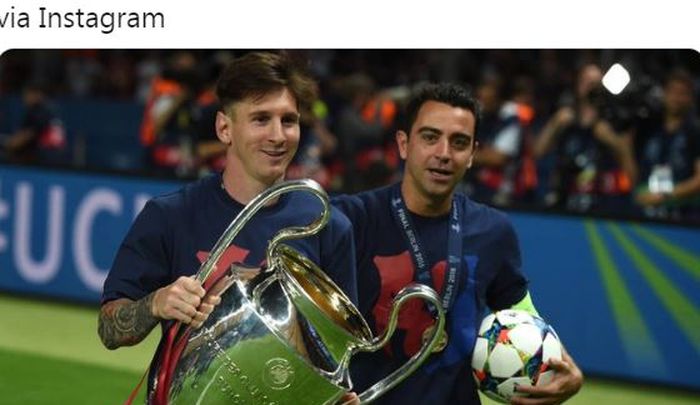 Lionel Messi dan Xavi Hernandez melakukan selebrasi usai membawa Barcelona menjuarai Liga Champions.