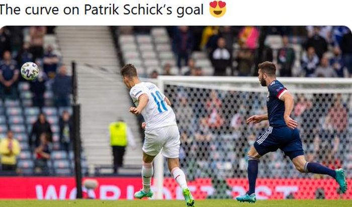 Striker timnas Republik Ceska, Patrik Schick, mencetak gol ke gawang timnas Skotlandia dalam laga Grup D EURO 2020 di Stadion Hampden Park, Senin (14/6/2021).
