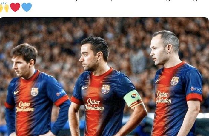 Lionel Messi, Xavi Hernandez, dan Andres Iniesta sama-sama berseragam Barcelona.