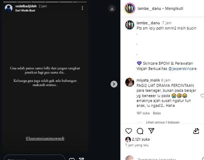 Status Vadel Badjideh terbaru yang tak lama kemudian dihapus