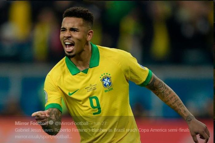 Penyerang timnas Brasil, Gabriel Jesus, merayakan gol yang ia cetak pada babak pertama laga semifinal Copa America 2019 di Estadio Governador Magalhaes Pinto, Rabu (3/7/2019) pukul 07.30 WIB.