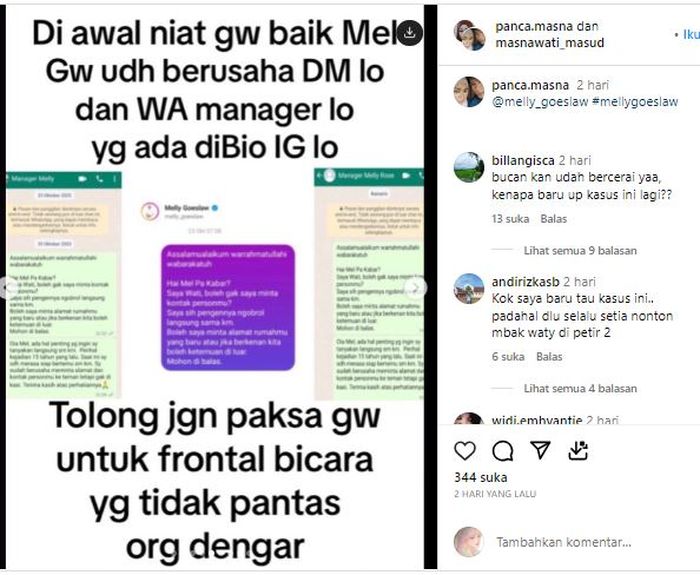 Postingan akun yang menuduh Melly Goeslaw selingkuh