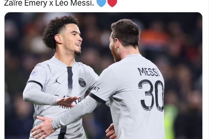 Warren Zaire-Emery (kiri) merayakan gol untuk PSG bersama Lionel Messi. Emery jadi pencetak gol termuda di liga top Eropa musim ini dalam usia 16 tahun.