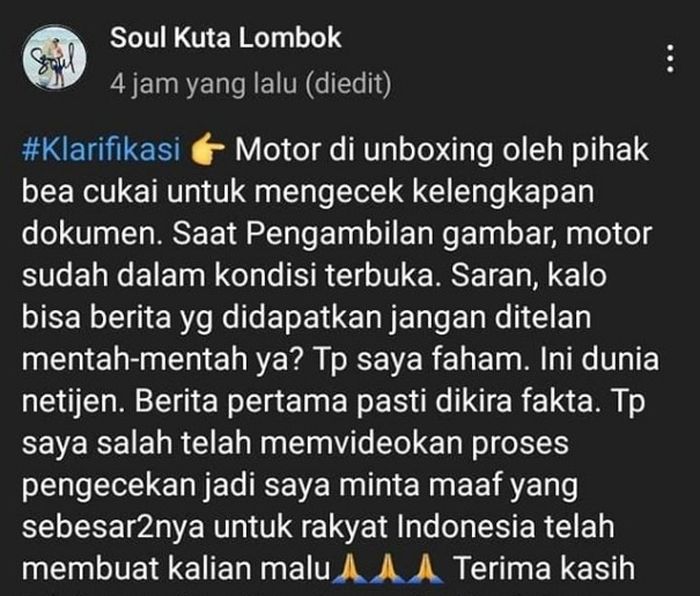 Tangkapan layar klarifikasi dari channel Youtube Soul Kuta Lombok sebelum dihapus.