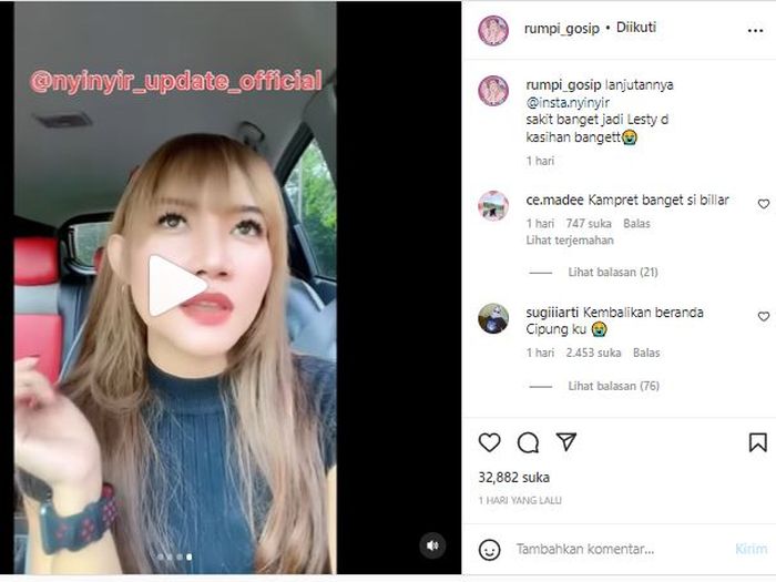 Postingan akun @rumpi_gosip yang mengunggah pengakuan sosok wanita soal masa lalu Rizky Billar