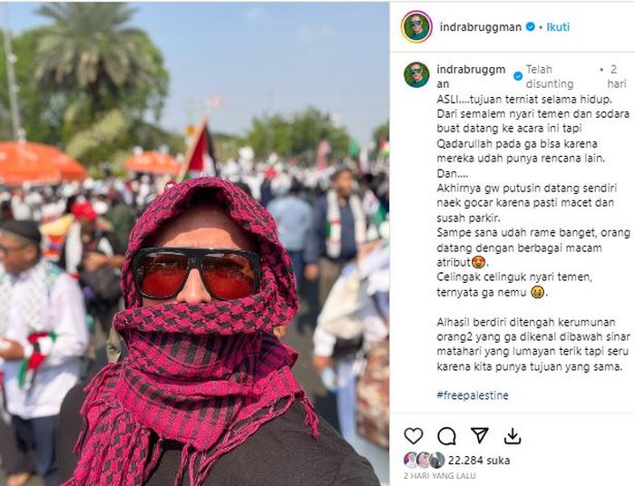 Postingan Indra Bruggman yang turun ke jalan bela Palestina