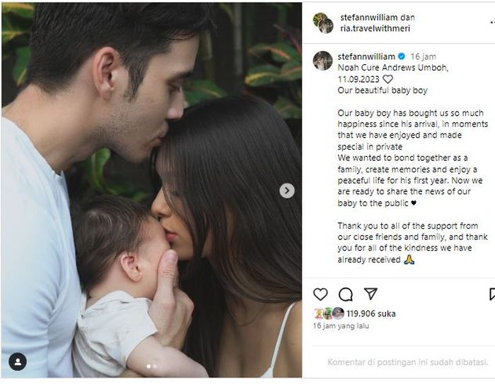 Postingan Stefan William yang telah memiliki anak dengan Ria Andrews.