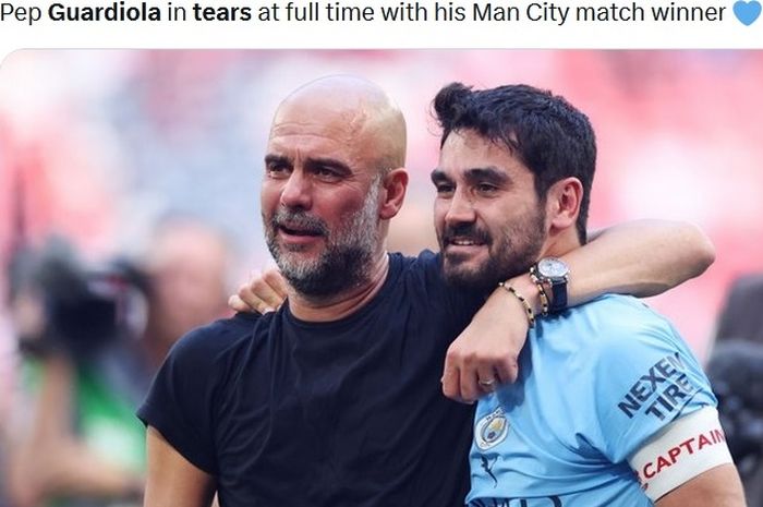 Pep Guardiola menangis usai Manchester City menjuarai Piala FA 2022-2023.