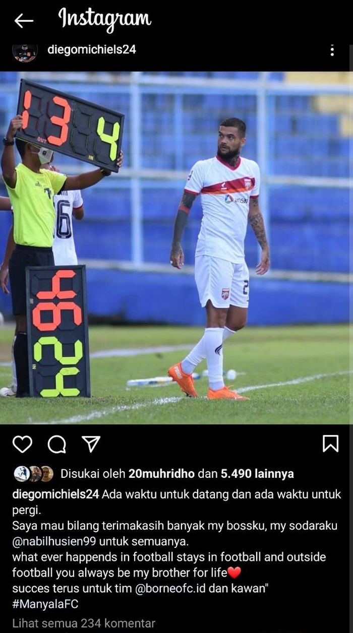 Diego Michiels diisukan pamit dari Borneo FC seusai dirinya menyampaikan salam perpisahannya melalui unggahan Instagram-nya, 6 April 2021.