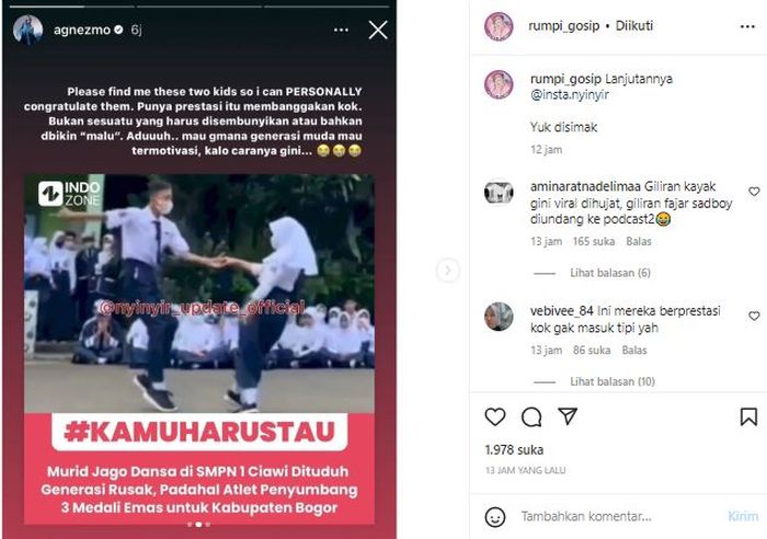 Posting-an @rumpi_gosip yang memuat IG Story dari Agnez Mo
