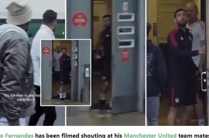 Gelandang Manchester United, Bruno Fernandes, terlihat meneriaki dua rekan setim yang tengah merekam video.