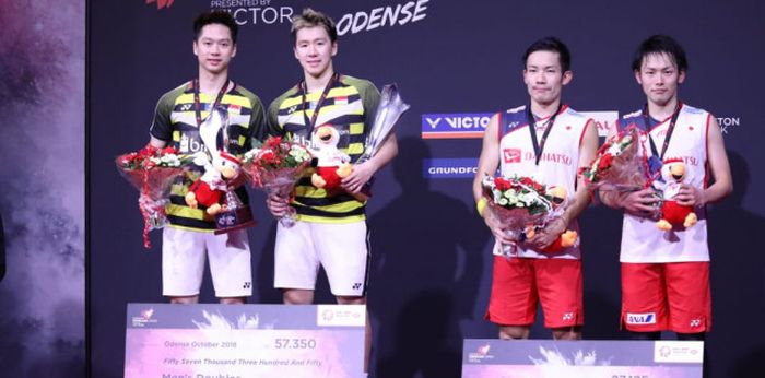 Marcus Fernaldi Gideon/Kevin Sanjaya Sukamuljo ketika menjadi juara ganda putra Denmark Open 2018.