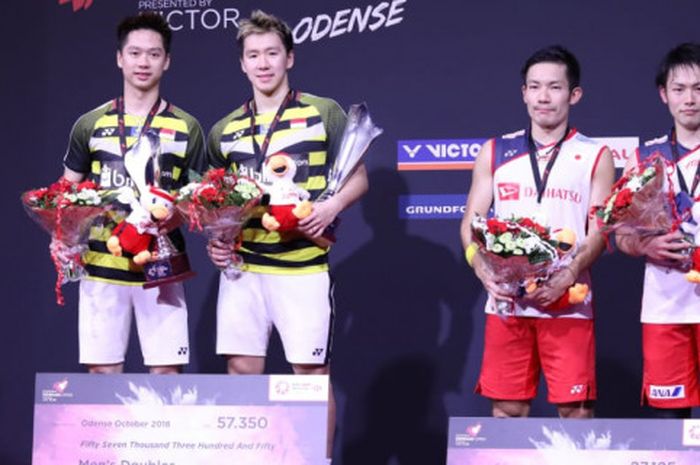 Marcus Fernaldi Gideon/Kevin Sanjaya Sukamuljo ketika menjadi juara ganda putra Denmark Open 2018.