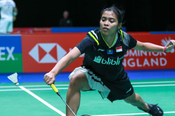 Pemain tunggal putri Indonesia, Gregoria Mariska Tunjung, saat beraksi di babak pertama turnamen All England Open 2020 yang berlangsung di Arena Birmingham, Inggris, Rabu (11/3/2020).