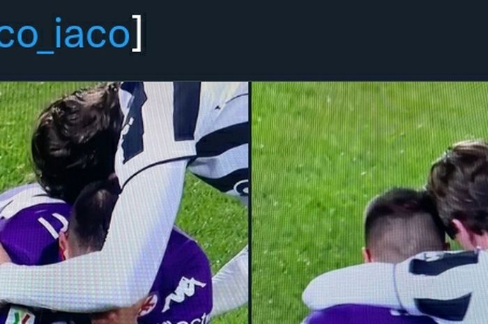 Striker Juventus, Dusan Vlahovic, menenangkan pemain Fiorentina, Lorenzo Venuti, pada laga leg pertama semifinal Coppa Italia di Stadion Artemio Franchi, Rabu (2/3/2022).