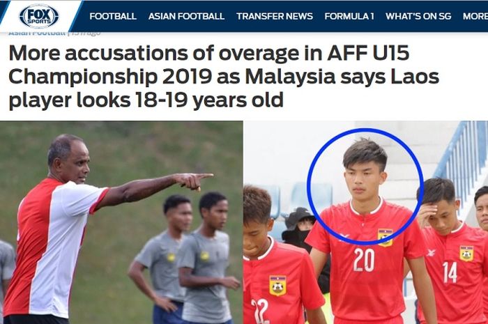 Pemberitaan FOX Sport Asia tentang kecurigaan pelatih timnas U-15 Malaysia terhadap umur penyerang Laos, Phomma Khotphouthon.