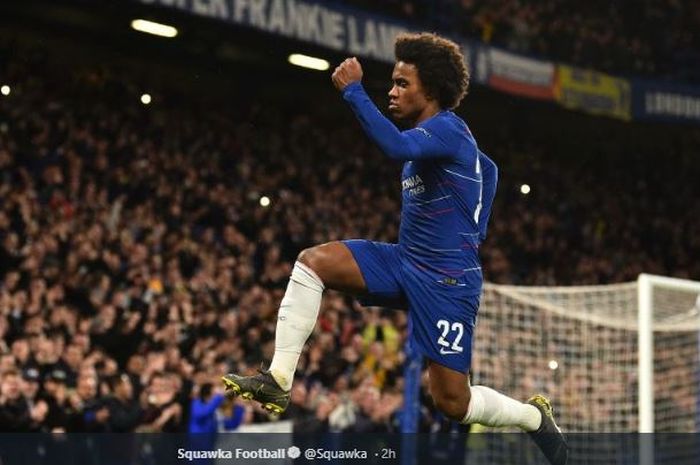 Winger Chelsea, Willian Borges, merayakan golnya dalam laga leg I babak 16 besar Liga Europa versus Dynamo Kyiv di Stadion Stamford Bridge, 7 Maret 2019.
