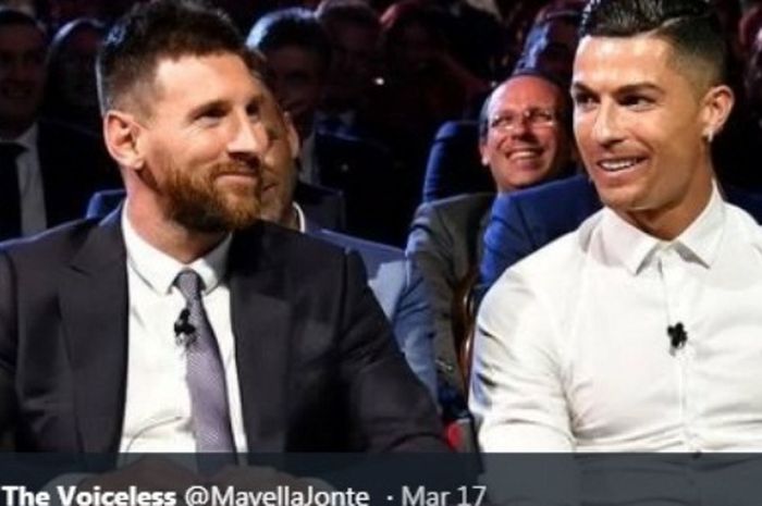 Lionel Messi dan Cristiano Ronaldo saat bertemu dalam acara UEFA.