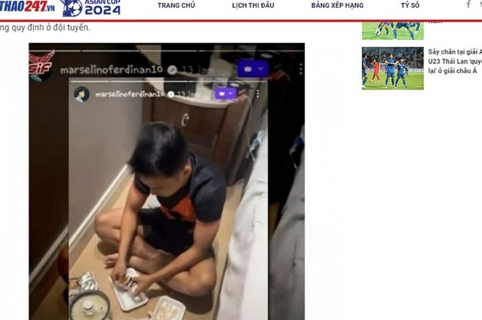 Pemberitaan media lokal Vietnam, TheThao247.vn soal pemain Timnas Indonesia masak mie instan di hotel saat pemusatan latihan di Turki.