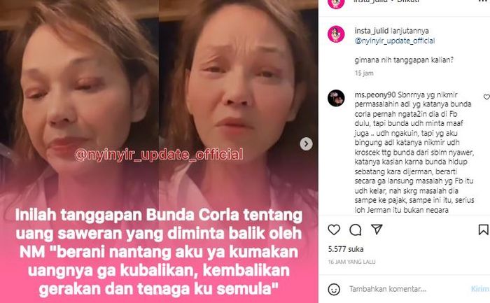 Posting-an akun @insta_julid tentang video Bunda Corla yang ogah balikkan uang Nikita Mirzani