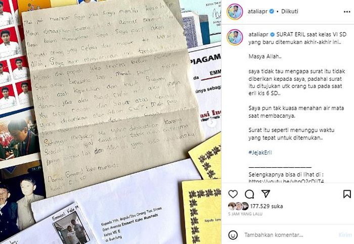 Postingan Atalia Praratya yang memperlihatkan surat dari Eril