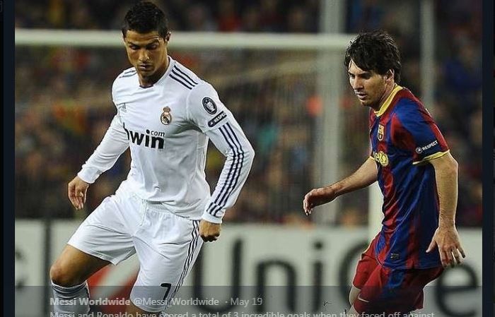 Cristiano Ronaldo dan Lionel Messi saat bertanding dalam duel Real Madrid kontra Barcelona.