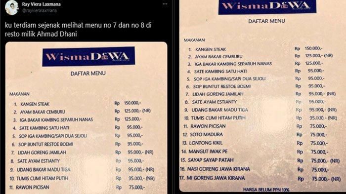 Menu makanan di restoran Ahmad Dhani