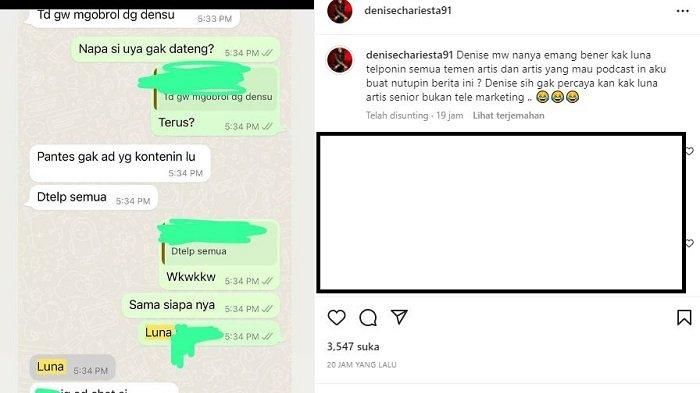 Denise Chariesta unggah bukti Luna Maya yang ikut campur dan terkesan menutupi kasus perselingkuhan RD