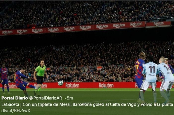 Megabintang Barcelona, Lionel Messi, mencetak gol freekick ke gawang Celta Vigo di Camp Nou, Sabtu (9/11/2019).
