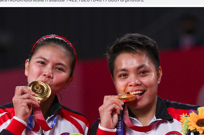 Pasangan ganda putri Indonesia, Greysia Polii/Apriyani Rahayu, meraih medali emas Olimpiade Tokyo 2020.