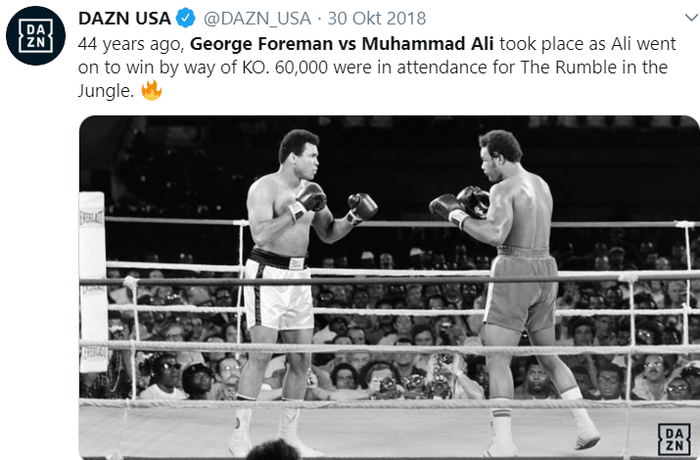 Ketika Muhammad Ali dan George Foreman bertanding dalam laga bertajuk Rumble in the Jungle di Rumble in the Jungle di Kinshasa, Zaire, pada 29 Oktober 1974.