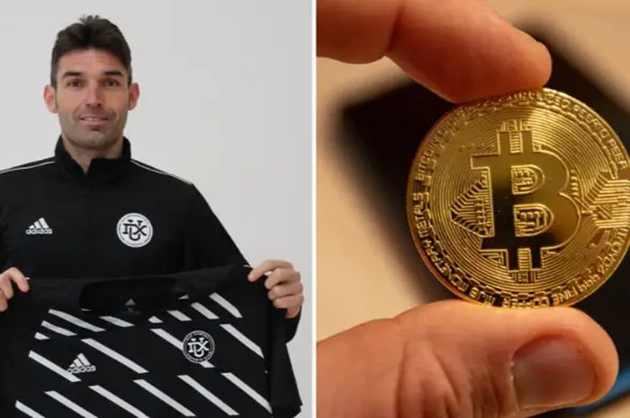 Foto Kiri: Mantan penyerang Real Madrid B, David Barral, saat bergabung dengan klub divisi tiga Liga Spanyol, DUX Internacional de Madrid. Foto Kanan: Ilustrasi mata uang digital, Bitcoin.