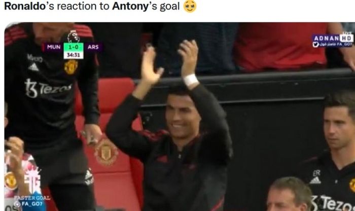 Reaksi Cristiano Ronaldo saat Antony mencetak gol untuk Manchester United.