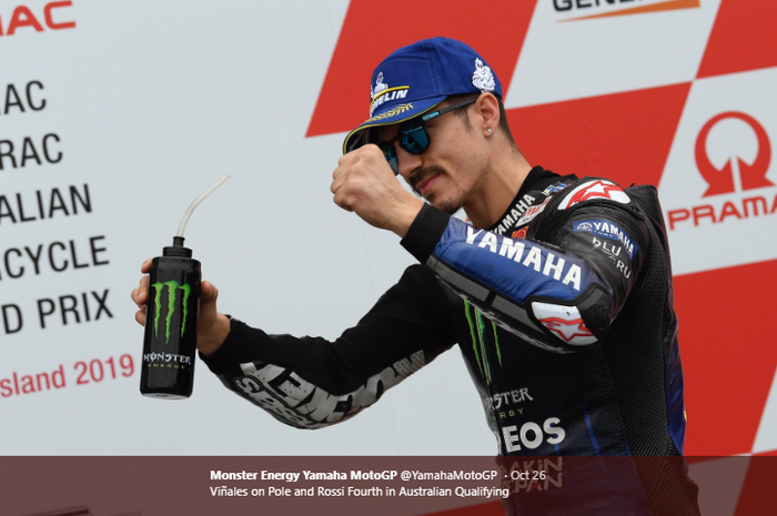 Ekspresi pembalap Monster Energy Yamaha, Maverick Vinales, saat berhasil meraih pole position pada MotoGP Australia 2019.