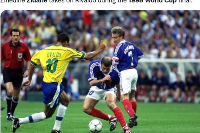 Aksi Zinedine Zidane dalam final Piala Dunia 1998 kontra Brrasil.