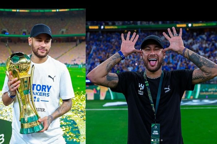 Neymar mengangkat trofi King's Cup seusai Al Hilal menekuk klub Cristiano Ronaldo, Al Nassr, lewat adu penalti di Stadion King Abdullah Sports City, Jeddah, Sabtu (1/6/2024) dini hari WIB. Dia bahkan menampilkan gestur mengejek.