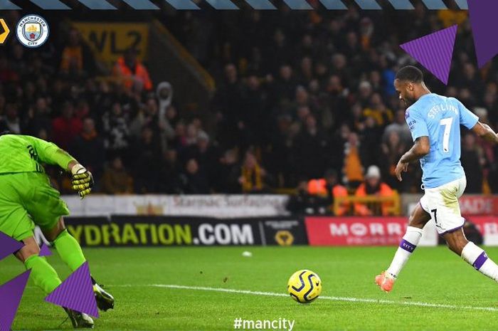 Penyerang Manchester City, Raheem Sterling, menjebol gawang Wolverhampton Wanderers dalam laga Liga Inggris di Molineux Stadium, Kamis (27/12/2019).