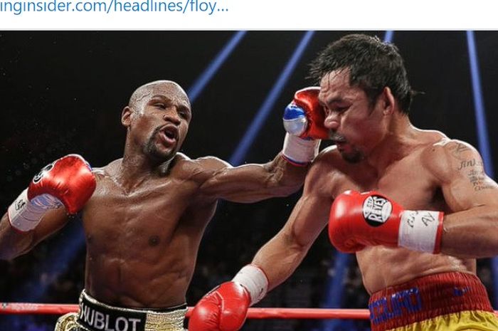 Floyd Mayweather memukul Manny Pacquiao saat keduanya bertanding tinju untuk pertama kalinya di MGM Grand Arena, Las Vegas, Nevada, AS, 2 Mei 2015. 