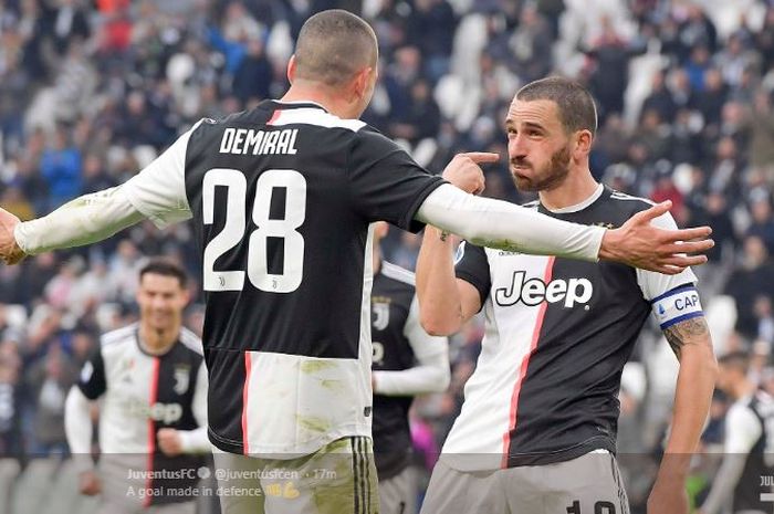 Selebrasi Leonardo Bonucci setelah mencetak gol ke gawang Udinese pada laga Juventus Vs Udinese, Minggu (15/12/2019).